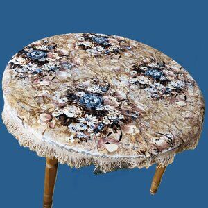 Vintage 70s Crushed Velvet Floral Tapestry Table Cover: Round 42" Fitted, Fringe